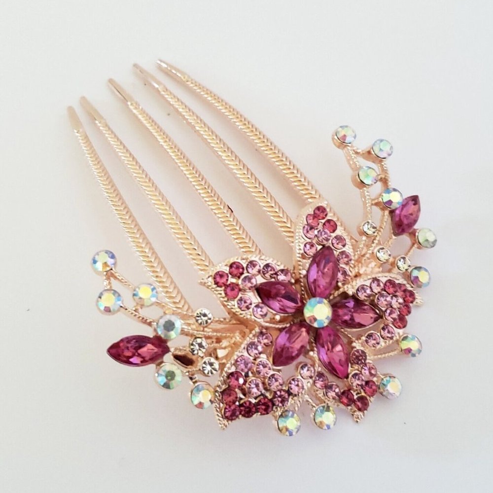 Pink Rhinestone & Clear White Rhinestone Gold Color Folwer Shape Hair Pin